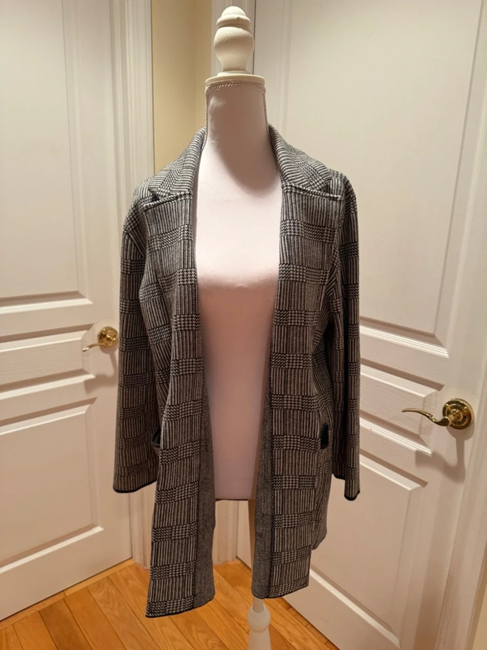 J. Crew Black and Gray Plaid Open-Front Knit Blazer